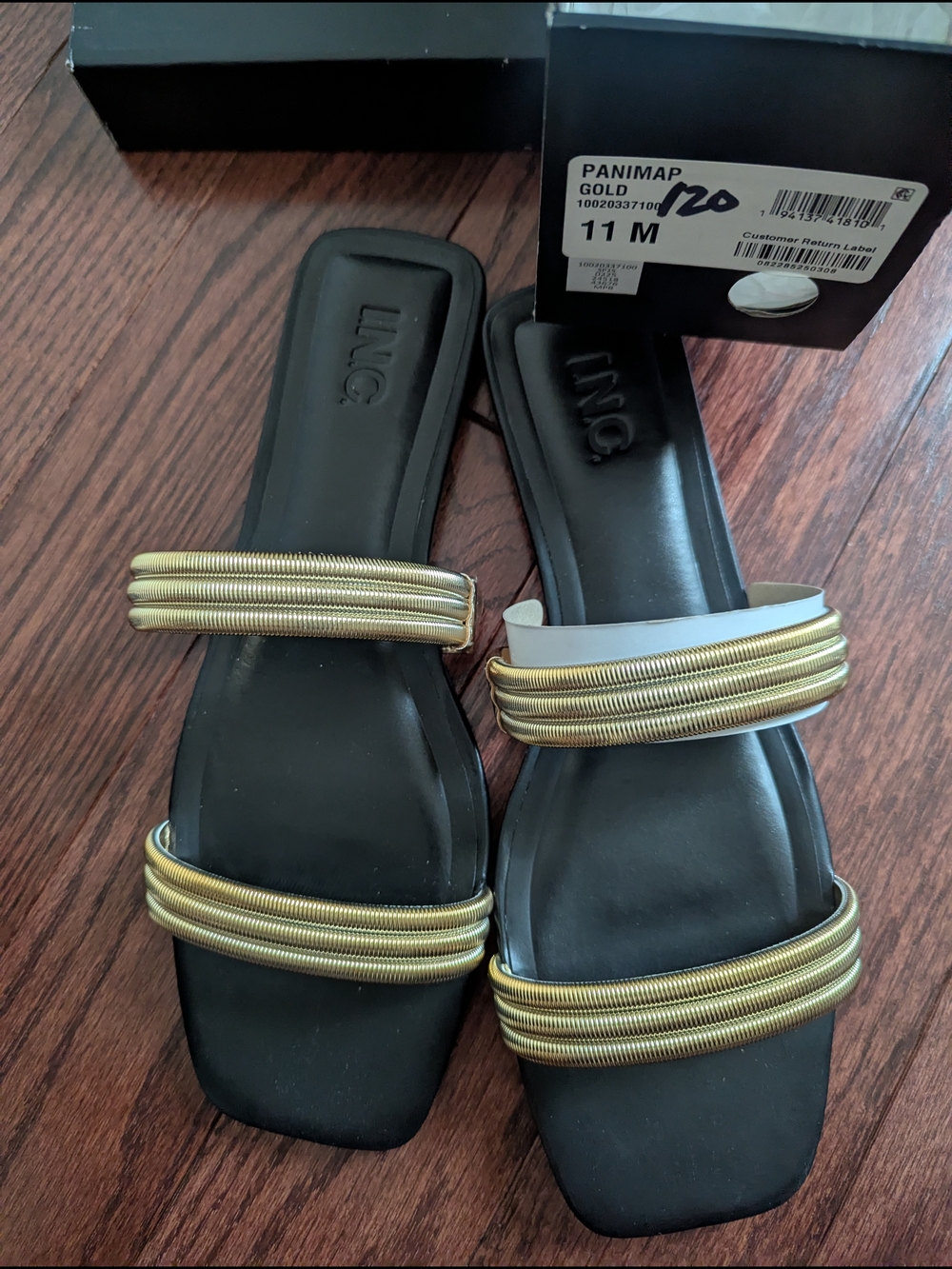 INC International Concepts Black Slide Sandals with Gold Coil Straps